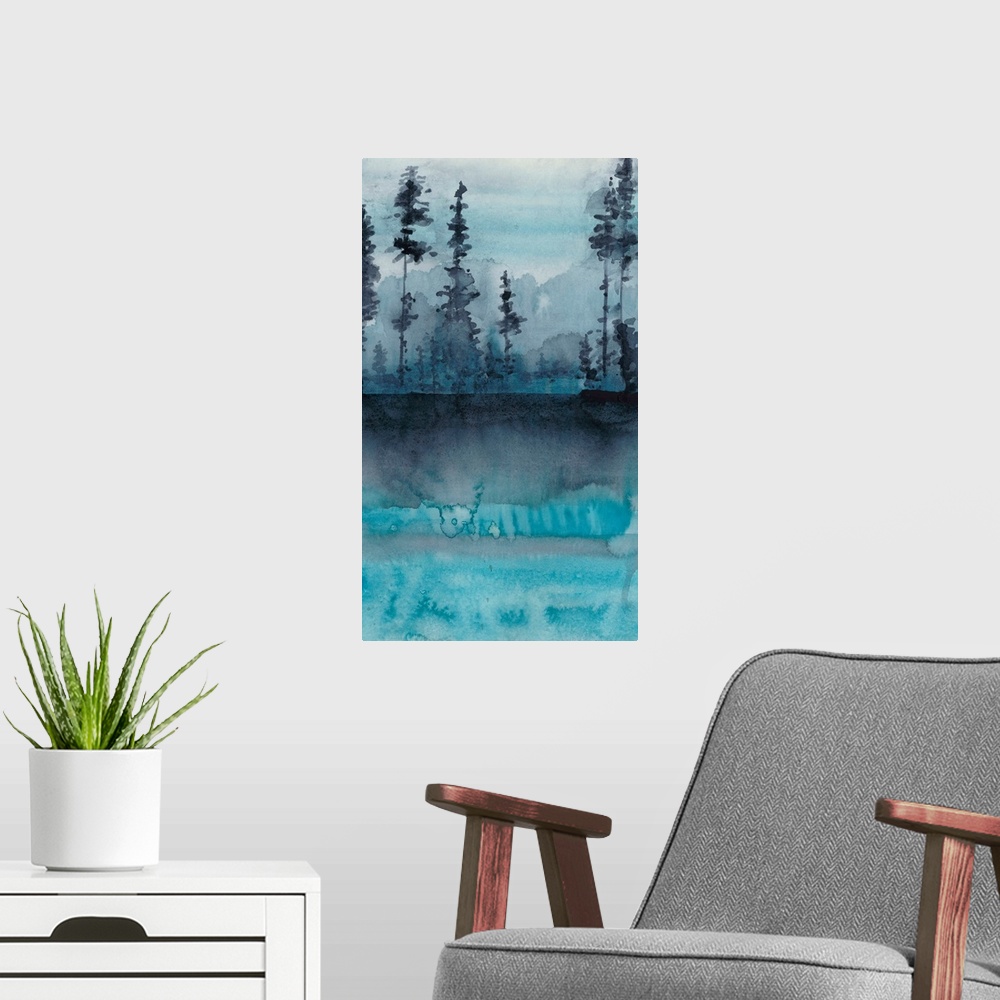 A modern room featuring This watercolor painting features the wilderness against an abstract landscape.