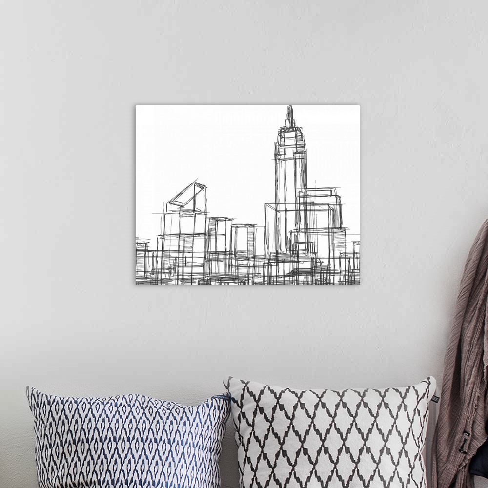 A bohemian room featuring Wire Frame Cityscape I