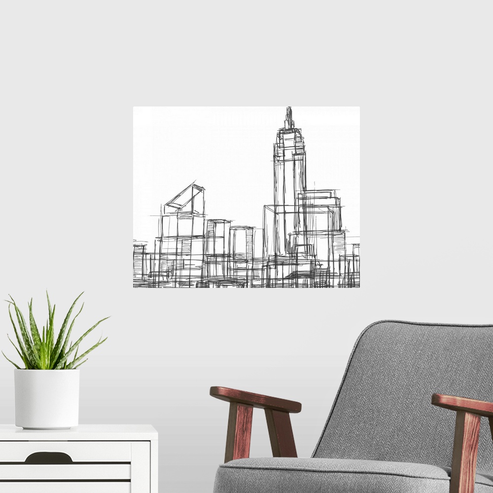 A modern room featuring Wire Frame Cityscape I
