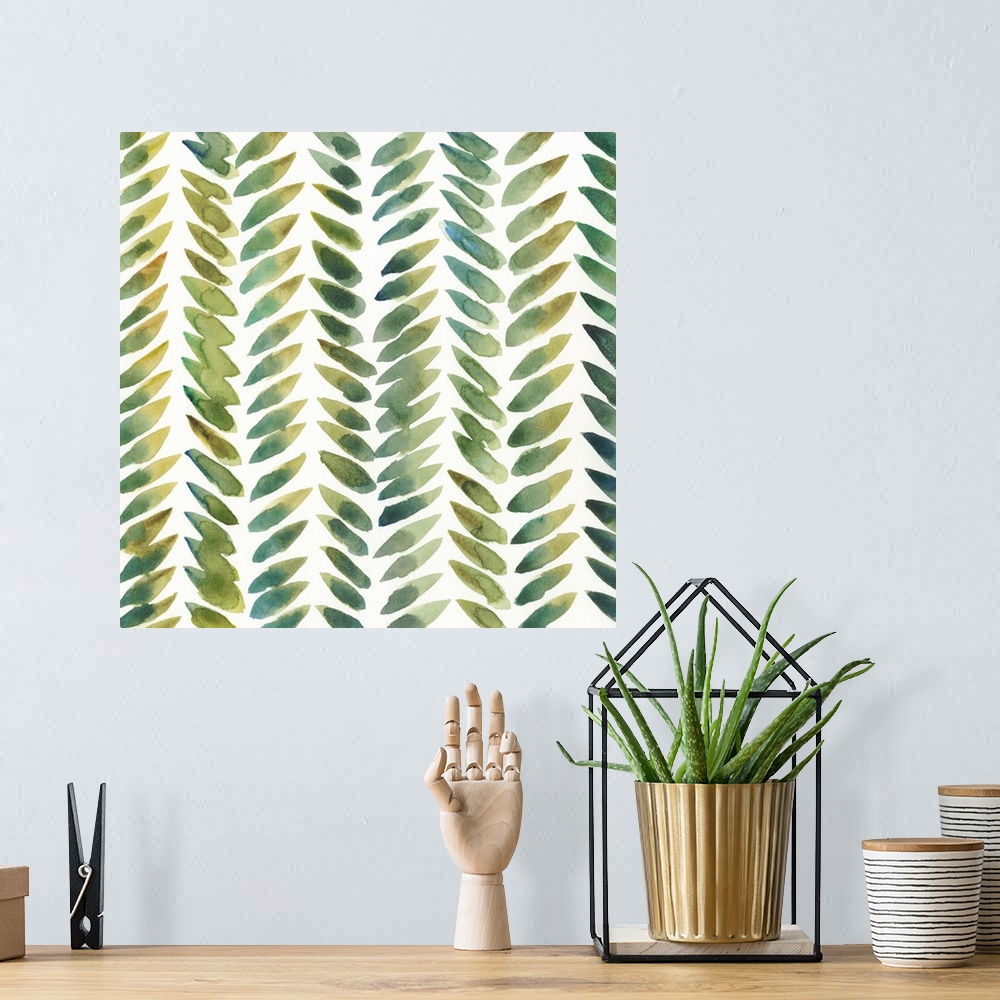 A bohemian room featuring Square abstract painting of a modern interpretation of greenery in varies shades of green on a wh...