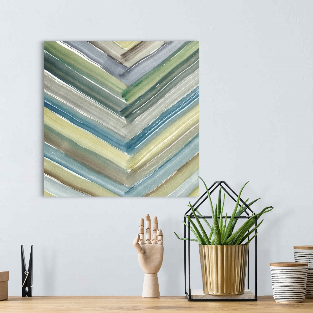 A bohemian room featuring Square abstract painting of angled brush strokes intercepting in a v pattern, in varies shades of...
