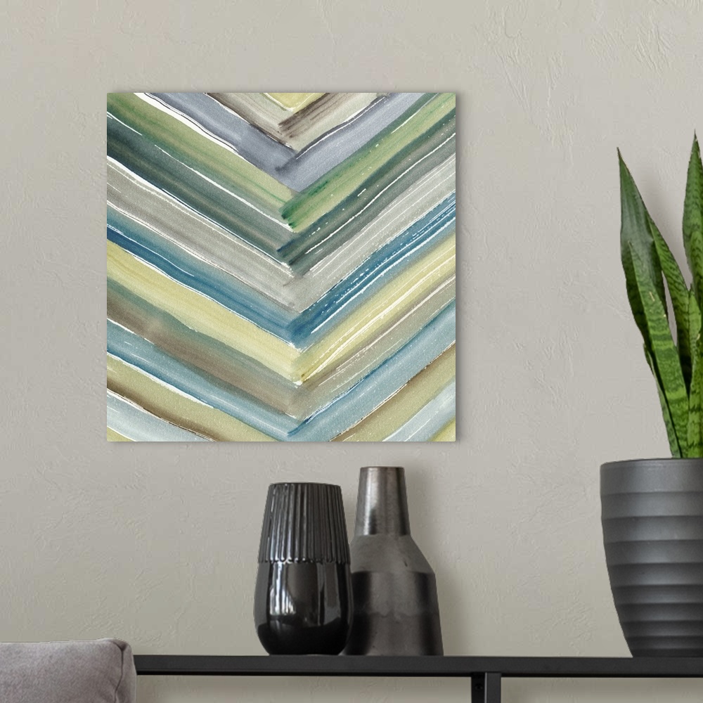 A modern room featuring Square abstract painting of angled brush strokes intercepting in a v pattern, in varies shades of...
