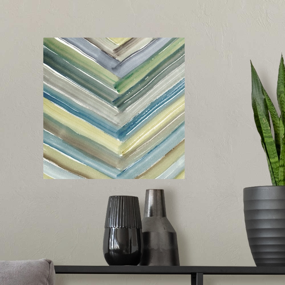 A modern room featuring Square abstract painting of angled brush strokes intercepting in a v pattern, in varies shades of...
