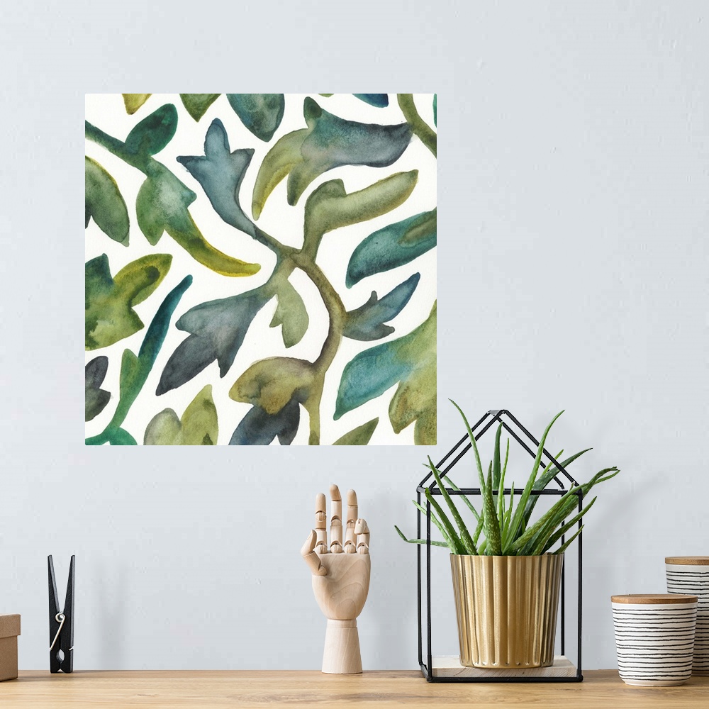 A bohemian room featuring Square abstract painting of a modern interpretation of greenery in varies shades of green on a wh...