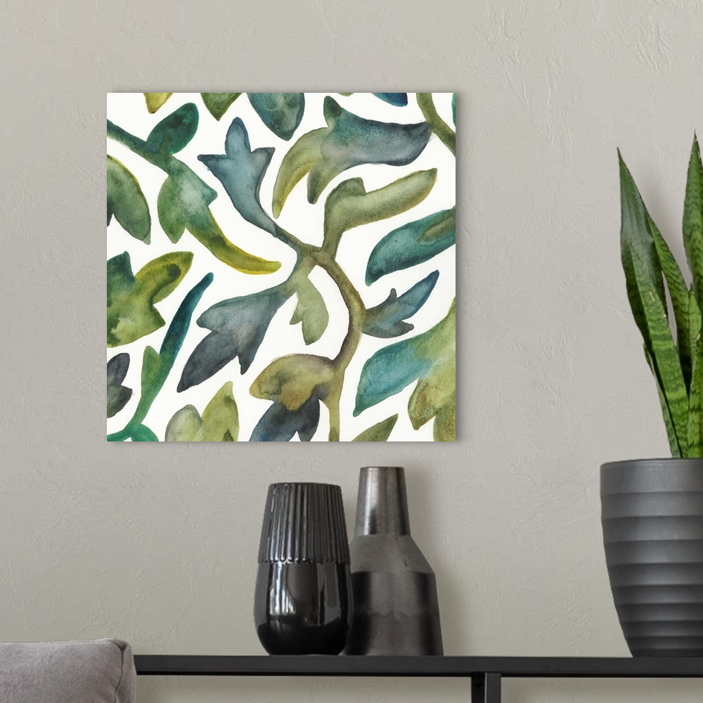 A modern room featuring Square abstract painting of a modern interpretation of greenery in varies shades of green on a wh...