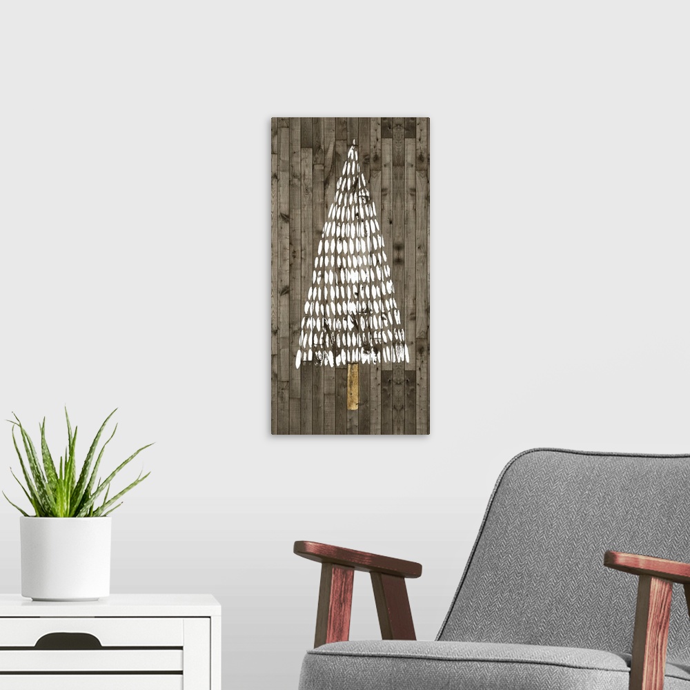 A modern room featuring A decorative design of a simple Christmas tree in white with gold accents on a wood backdrop.