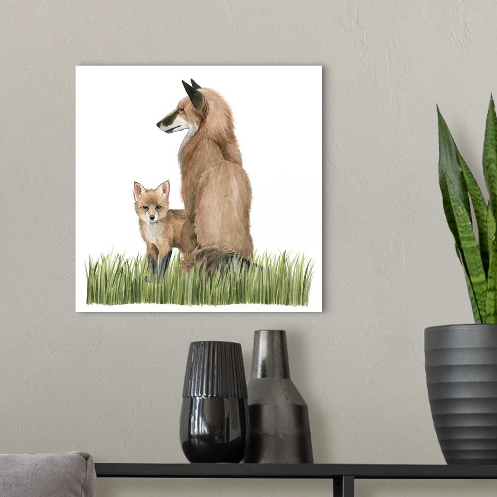 A modern room featuring Watercolor portrait of a fox and its kit on a grassy landscape.