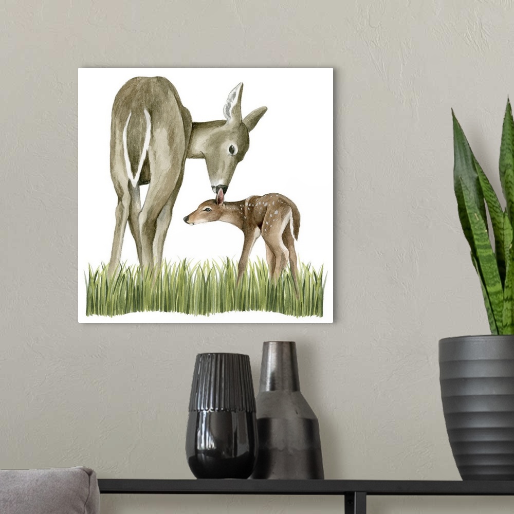 A modern room featuring Watercolor portrait of a deer and its fawn on a grassy landscape.