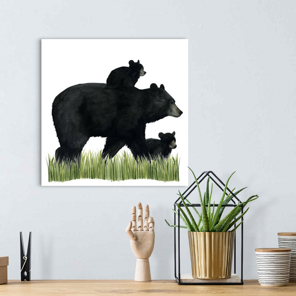 A bohemian room featuring Watercolor portrait of a bear and its cub on a grassy landscape.