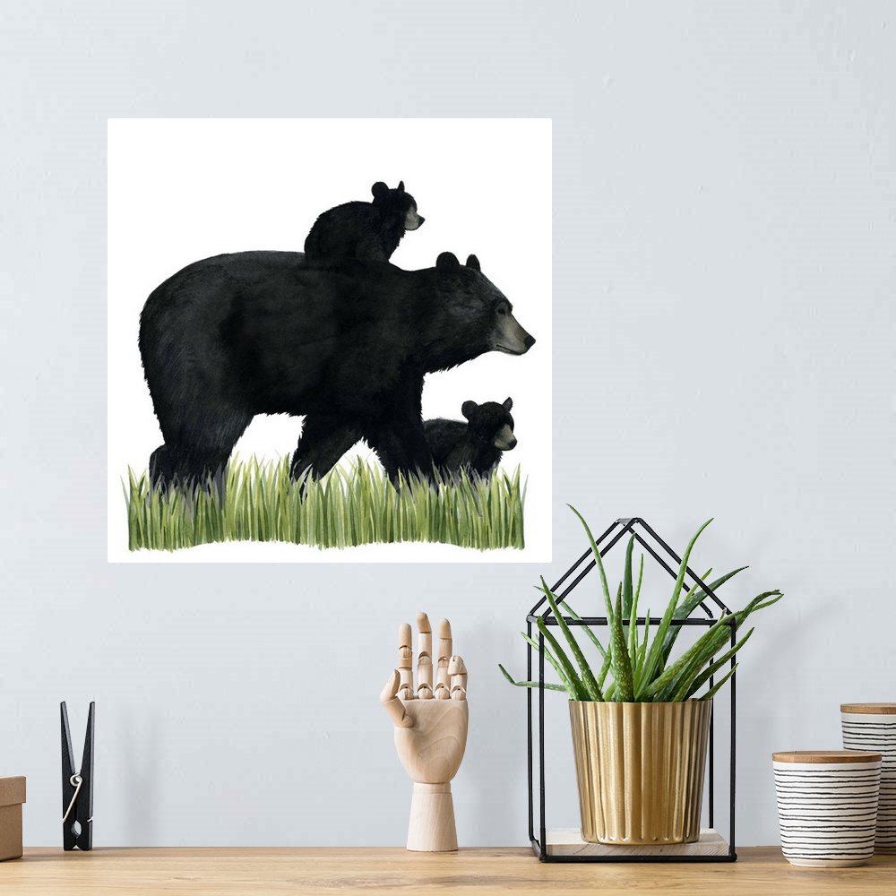 A bohemian room featuring Watercolor portrait of a bear and its cub on a grassy landscape.