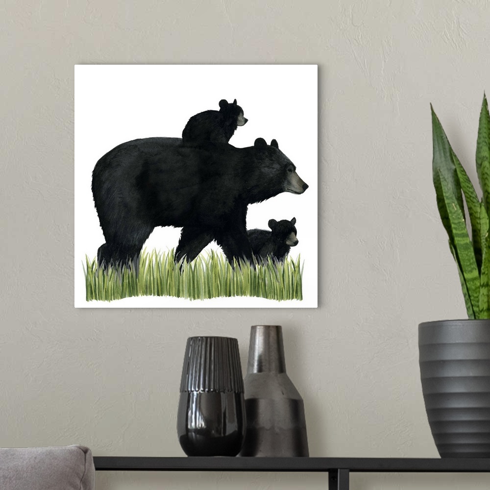 A modern room featuring Watercolor portrait of a bear and its cub on a grassy landscape.