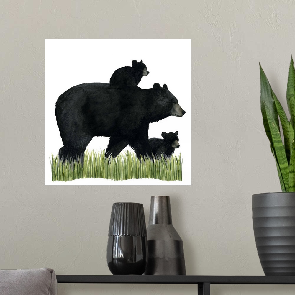 A modern room featuring Watercolor portrait of a bear and its cub on a grassy landscape.