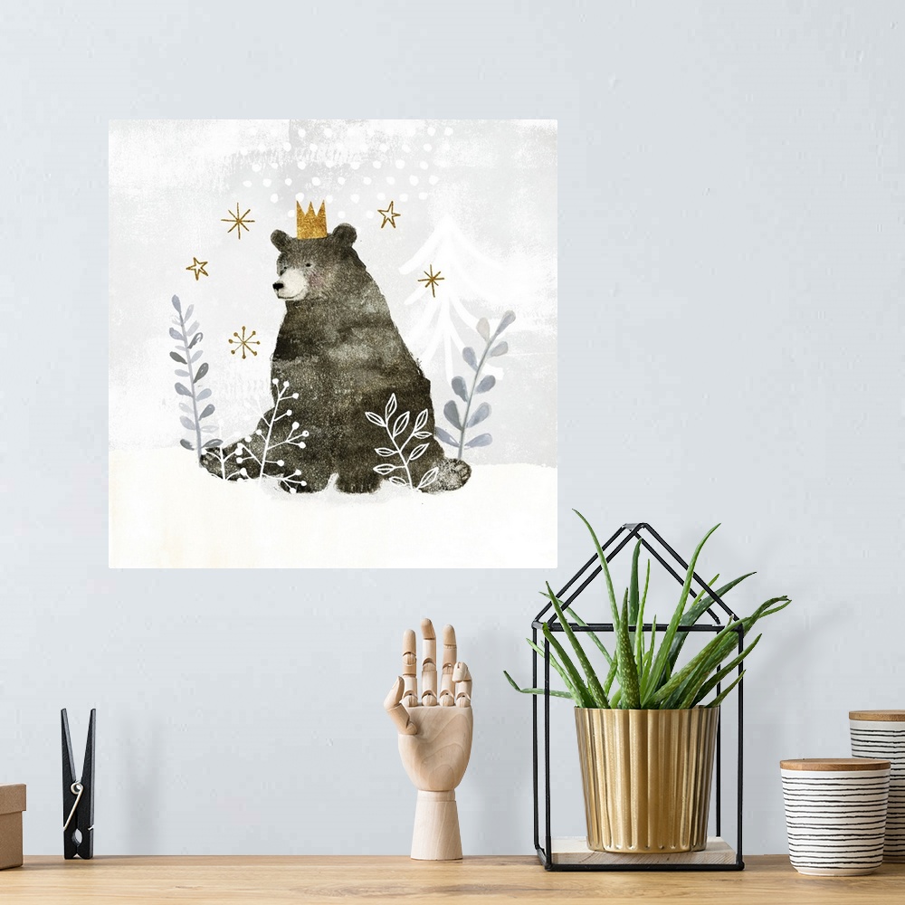 A bohemian room featuring Woodland themed nursery decor featuring a bear in a whimsical snowscape.