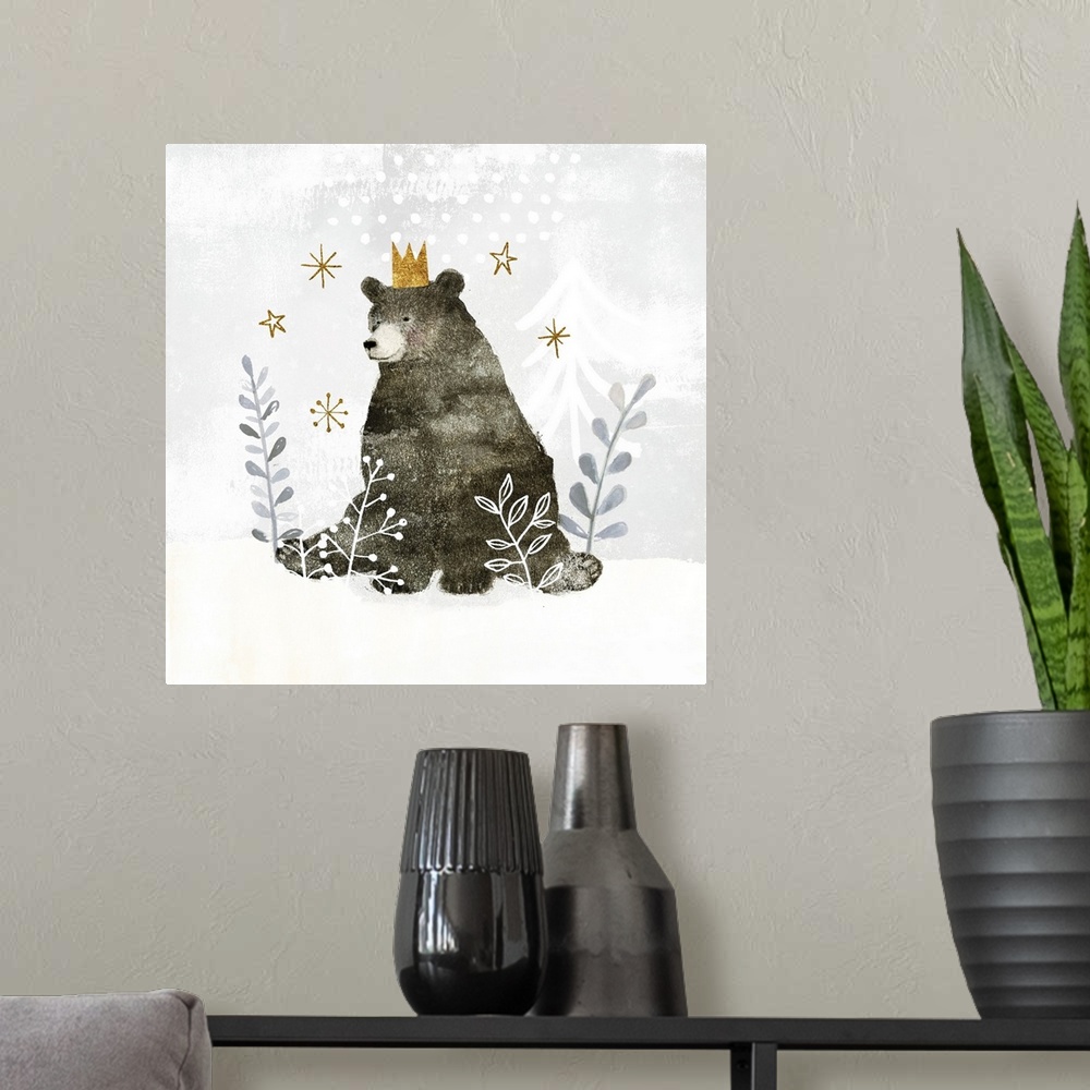 A modern room featuring Woodland themed nursery decor featuring a bear in a whimsical snowscape.