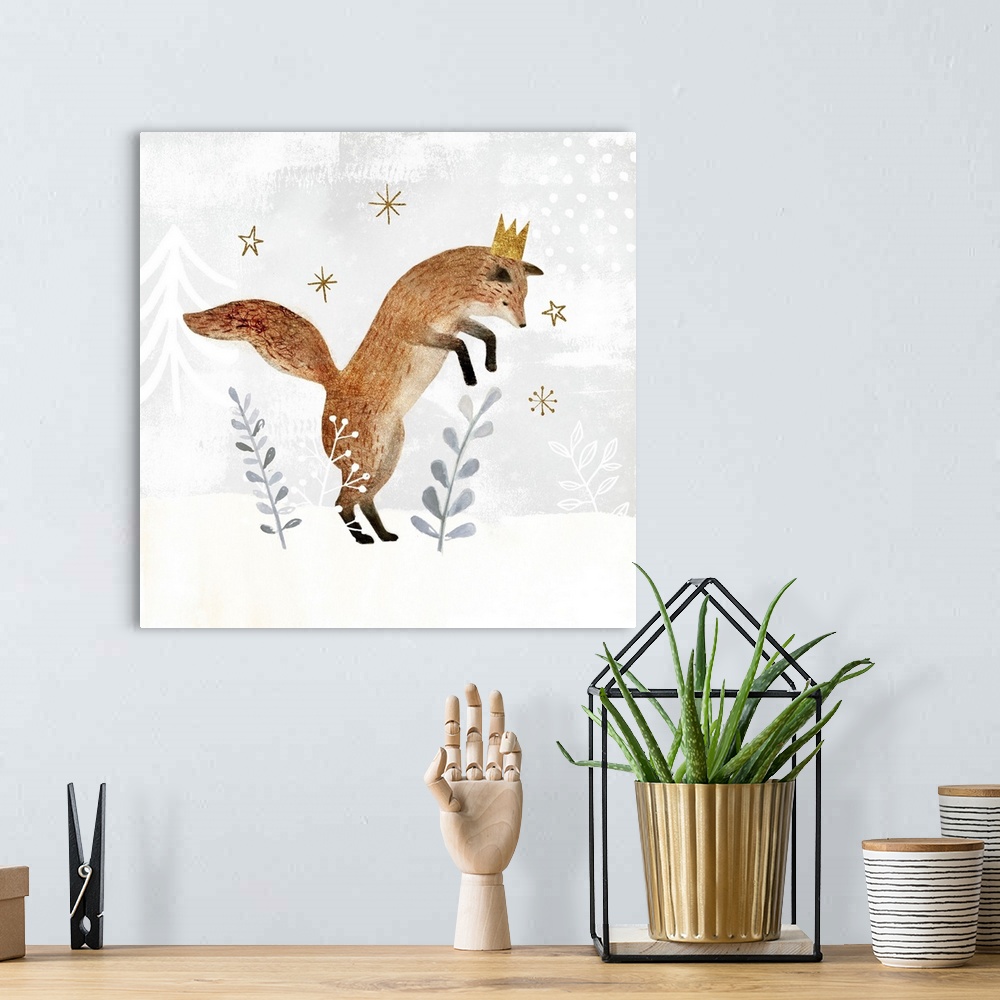 A bohemian room featuring Woodland themed nursery decor featuring a fox in a whimsical snowscape.