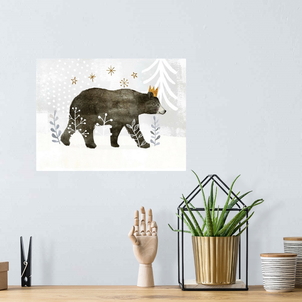 A bohemian room featuring Woodland themed nursery decor featuring a bear in a whimsical snowscape.
