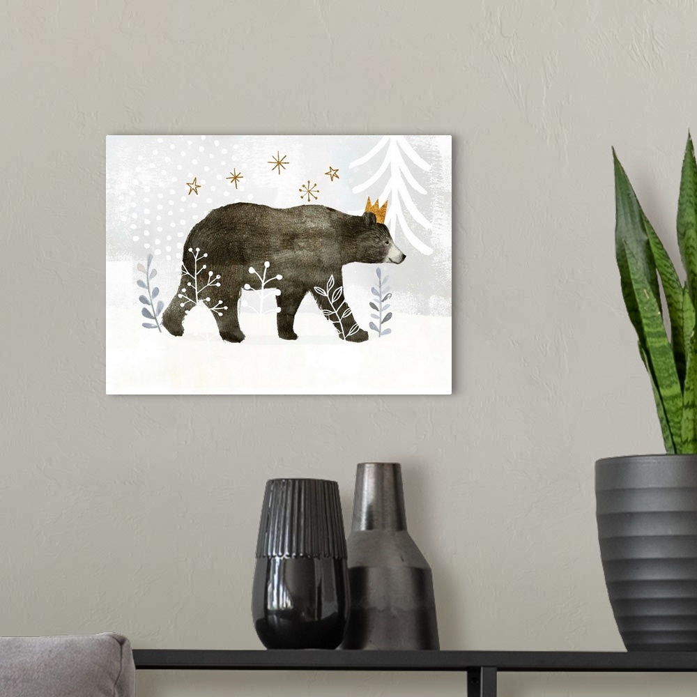 A modern room featuring Woodland themed nursery decor featuring a bear in a whimsical snowscape.