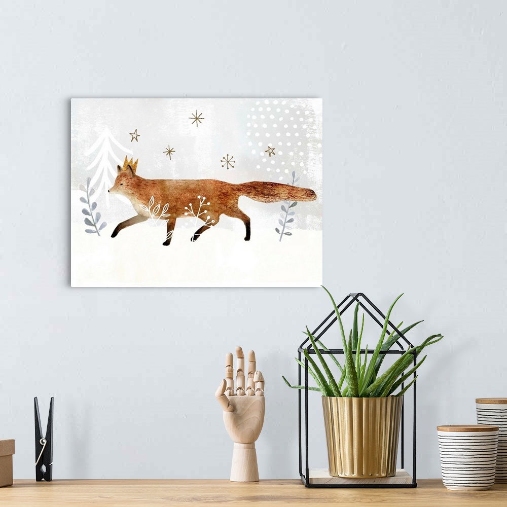 A bohemian room featuring Woodland themed nursery decor featuring a fox in a whimsical snowscape.