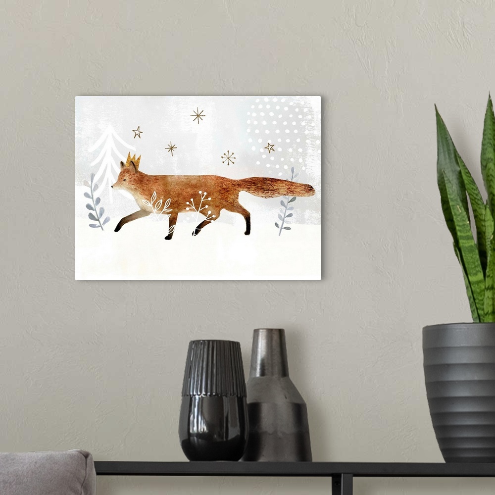 A modern room featuring Woodland themed nursery decor featuring a fox in a whimsical snowscape.