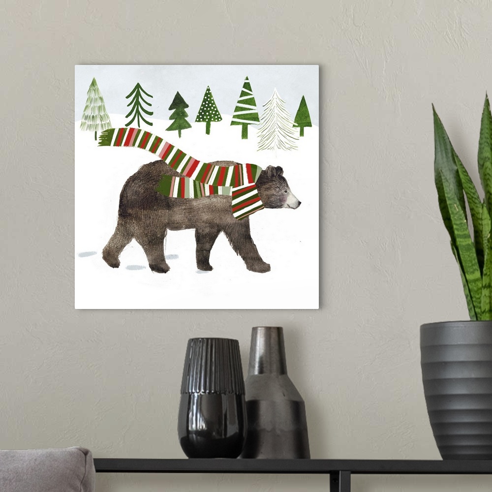 A modern room featuring Whimsical woodland decor featuring a bear in a soft snowscape.