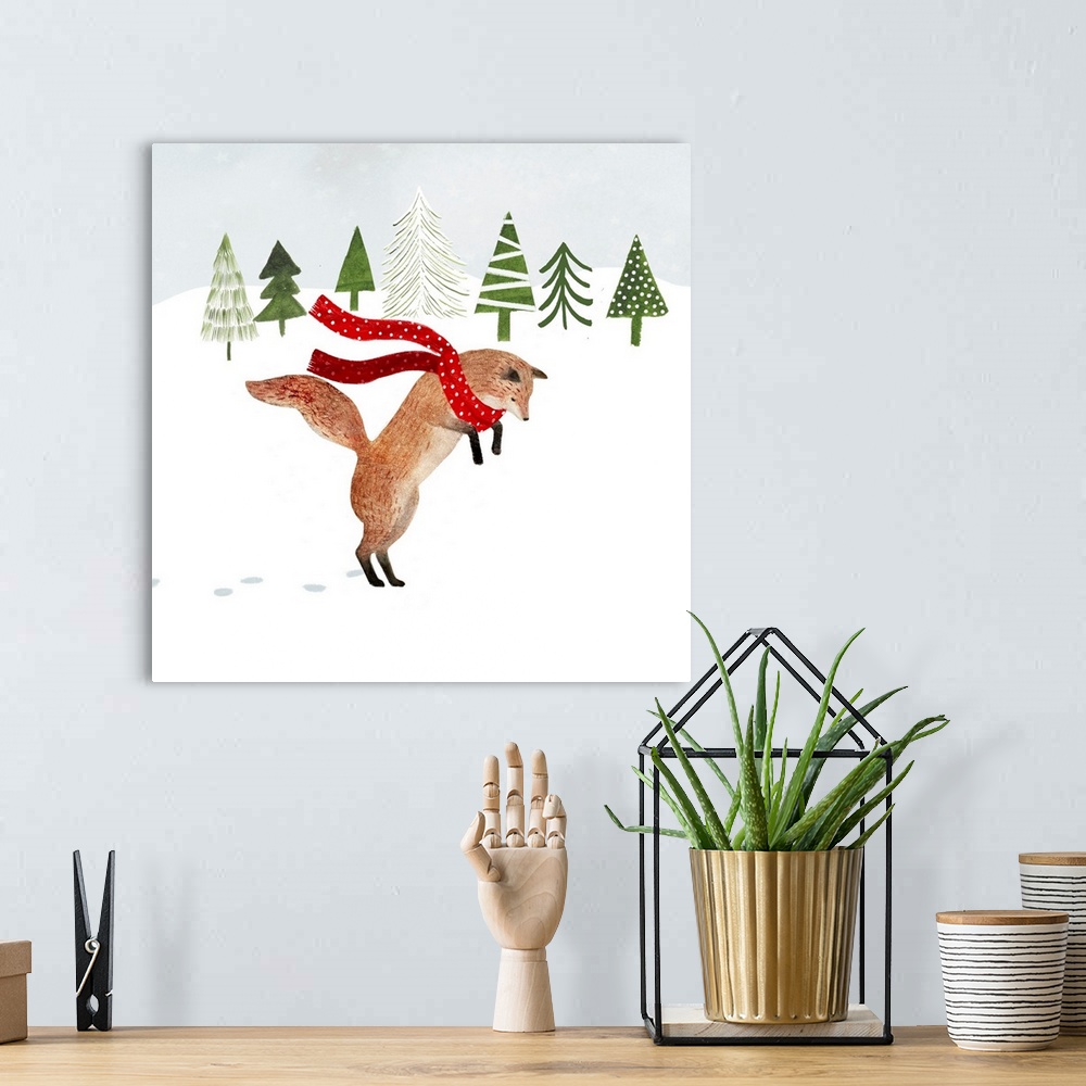A bohemian room featuring Whimsical woodland decor featuring a fox in a soft snowscape.