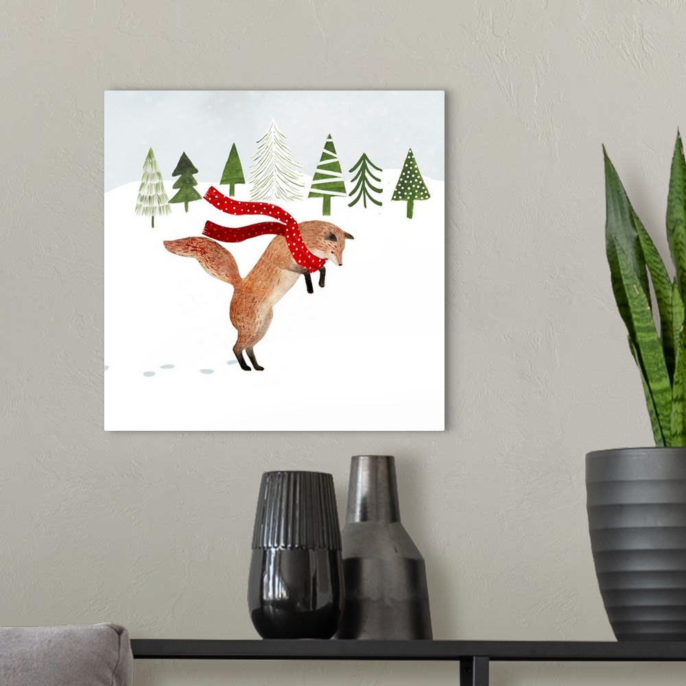 A modern room featuring Whimsical woodland decor featuring a fox in a soft snowscape.