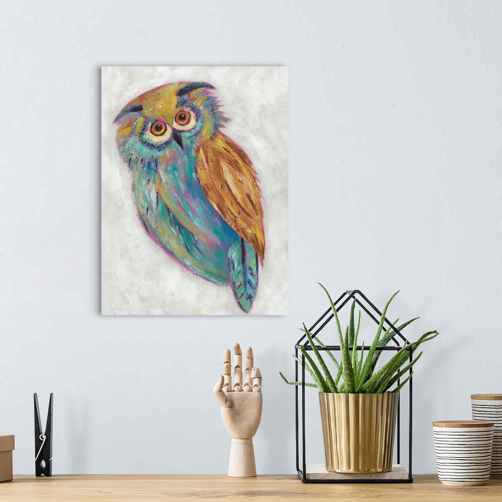 A bohemian room featuring Children's illustration of a friendly owl in shades of teal and brown.