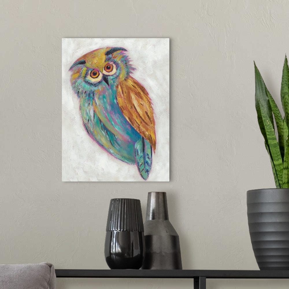 A modern room featuring Children's illustration of a friendly owl in shades of teal and brown.