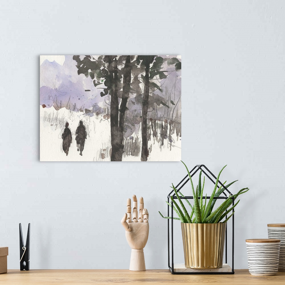 A bohemian room featuring Gestural watercolor painting of trees in the winter with a lavender sky.