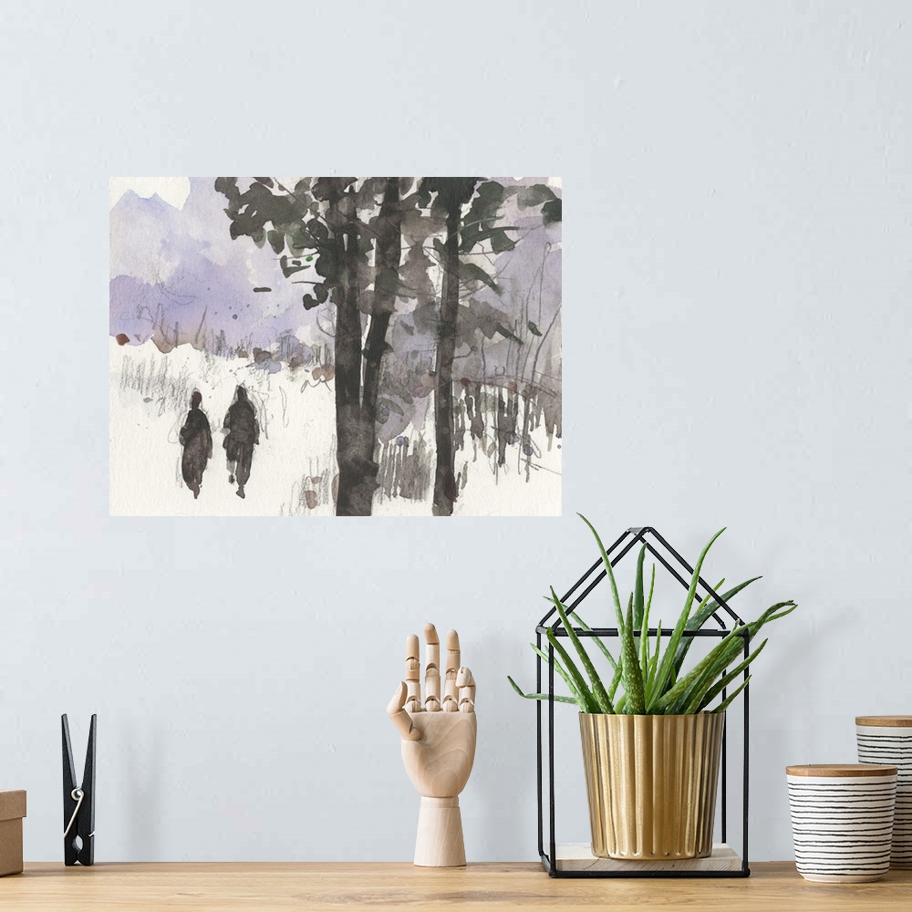 A bohemian room featuring Gestural watercolor painting of trees in the winter with a lavender sky.