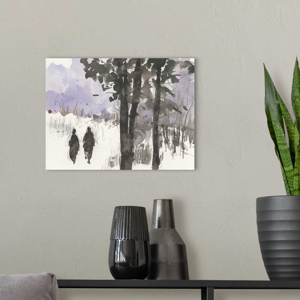 A modern room featuring Gestural watercolor painting of trees in the winter with a lavender sky.