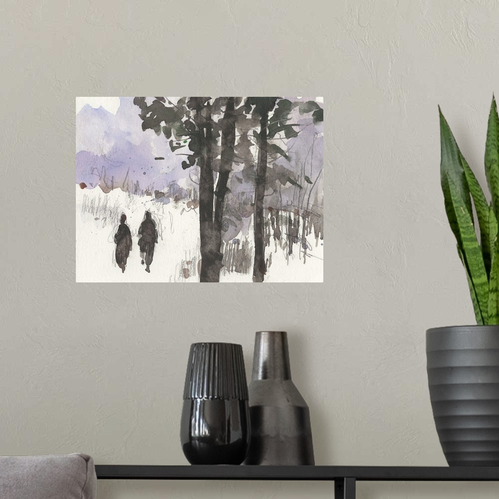 A modern room featuring Gestural watercolor painting of trees in the winter with a lavender sky.