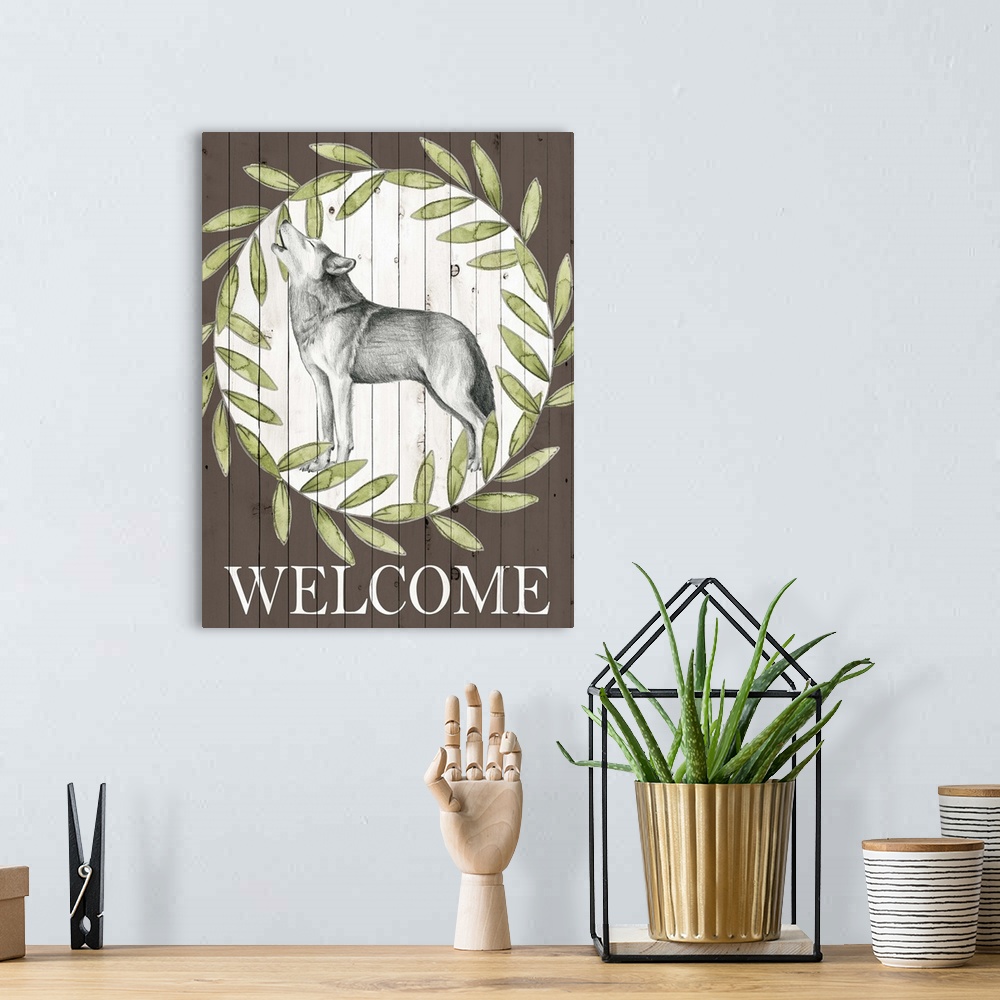 A bohemian room featuring Cabin style artwork on a brown wood paneled background of a sketched wolf inside of a green wreat...