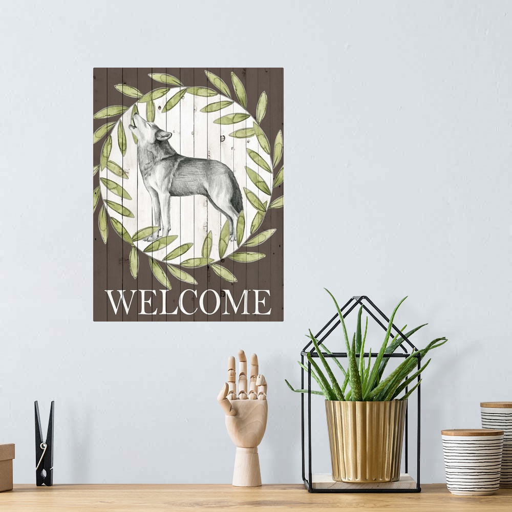 A bohemian room featuring Cabin style artwork on a brown wood paneled background of a sketched wolf inside of a green wreat...