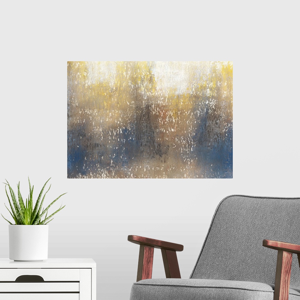 A modern room featuring Contemporary abstract painting using tones of gold in cascading and gradating movements.
