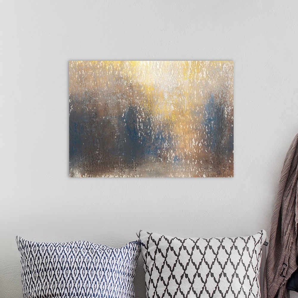 A bohemian room featuring Contemporary abstract painting using tones of gold in cascading and gradating movements.
