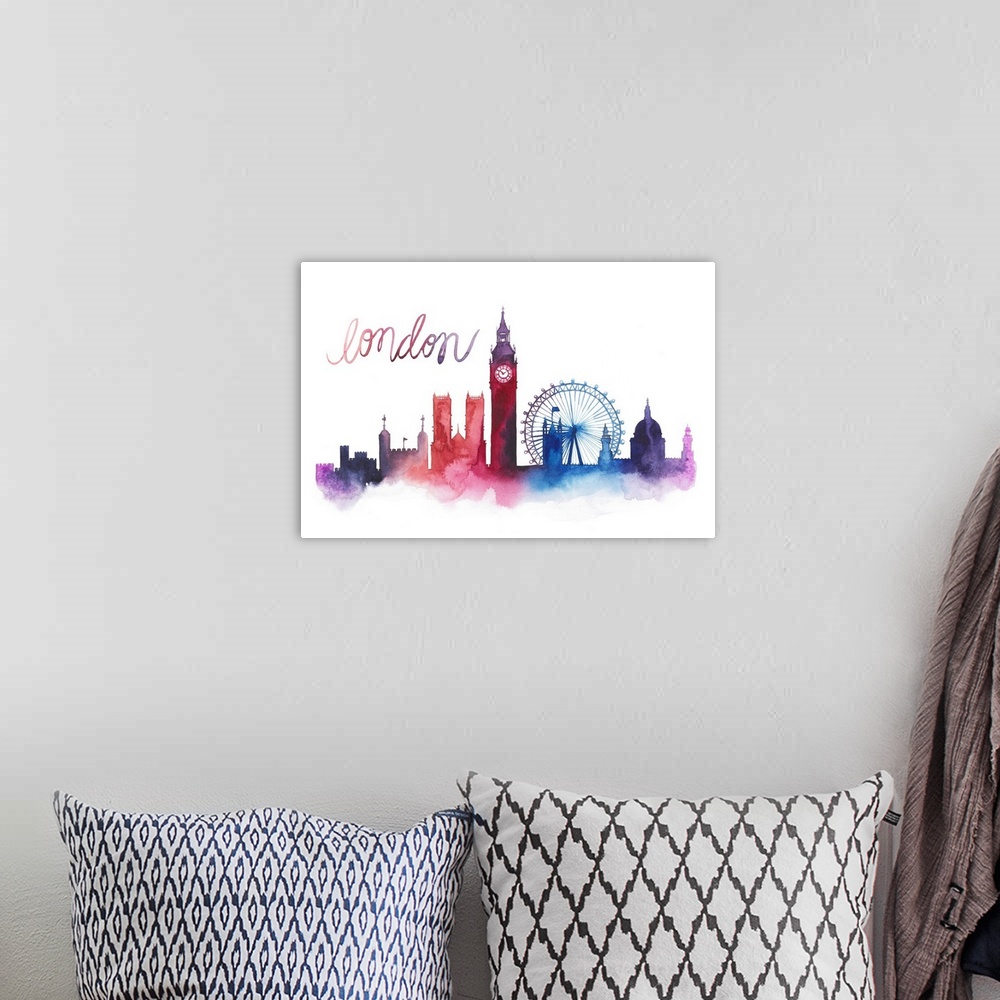 A bohemian room featuring Contemporary watercolor skyline with the name in a whimsical handlettering.