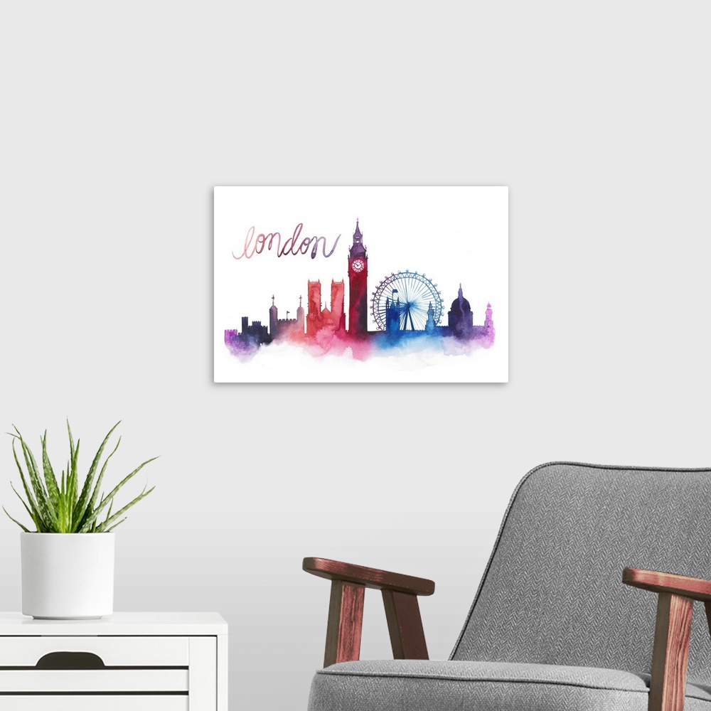 A modern room featuring Contemporary watercolor skyline with the name in a whimsical handlettering.