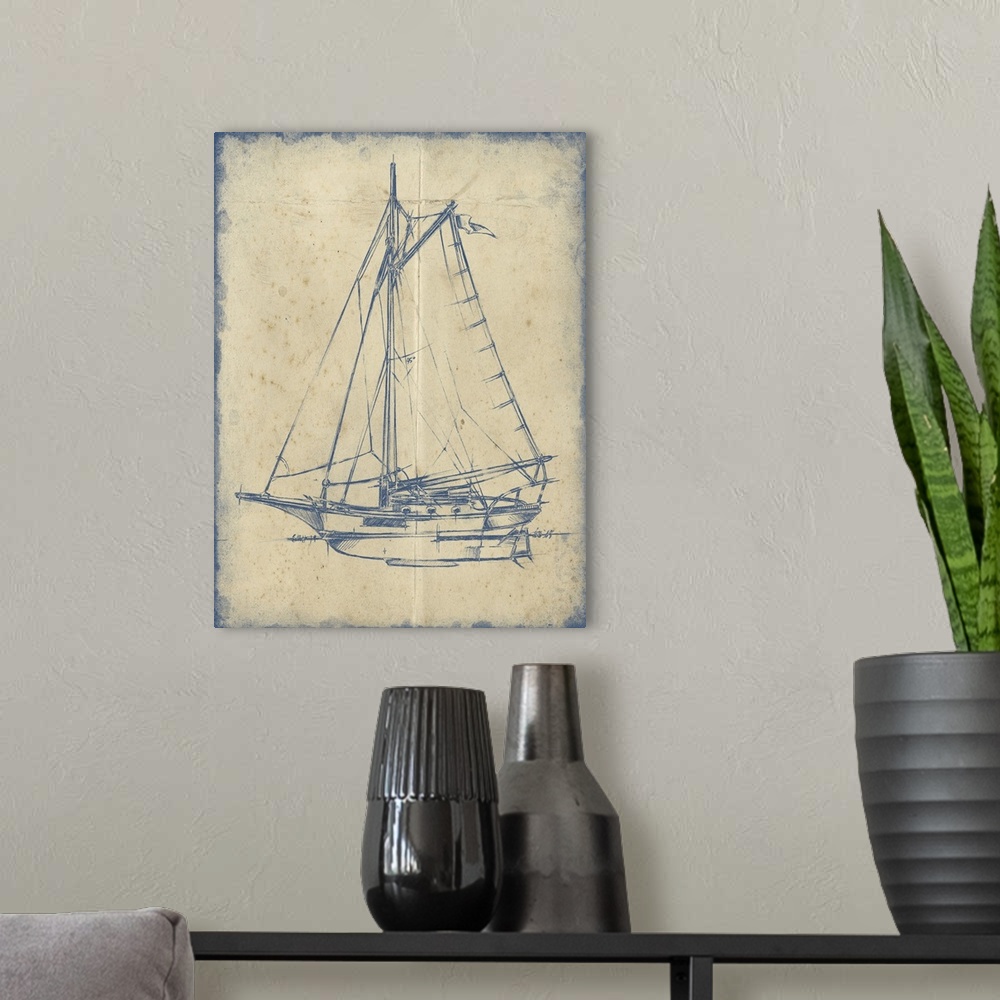 A modern room featuring Blueprint style illustration of a yacht with large sails.