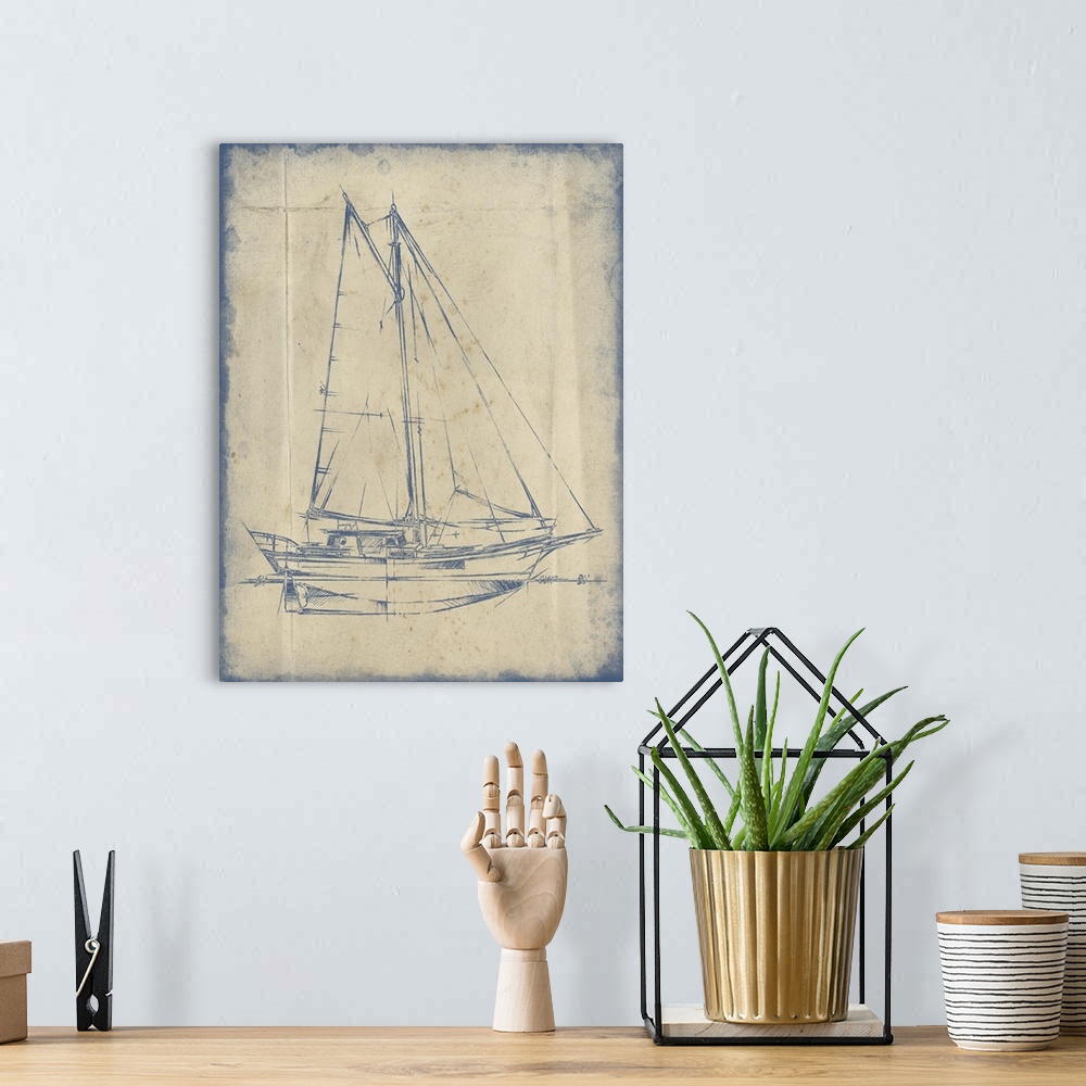 A bohemian room featuring Blueprint style illustration of a yacht with large sails.