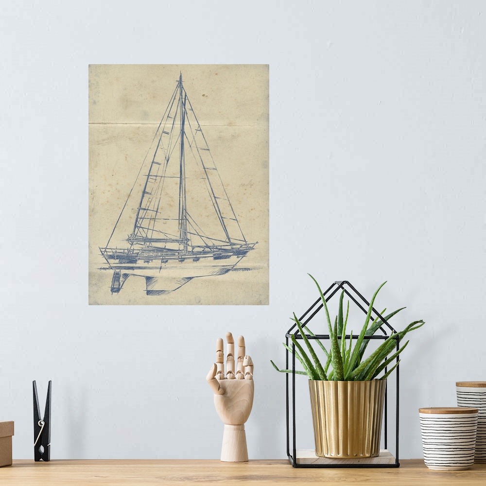 A bohemian room featuring Blueprint style illustration of a yacht with large sails.