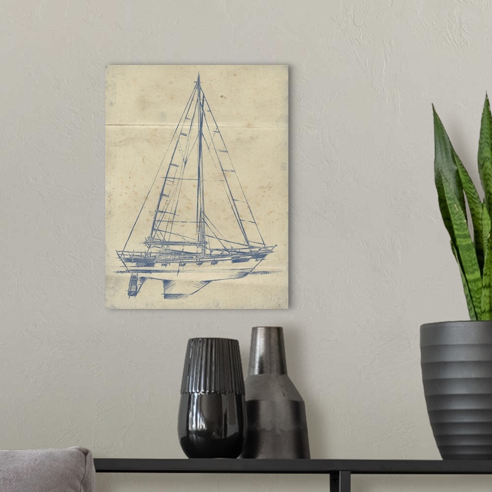 A modern room featuring Blueprint style illustration of a yacht with large sails.