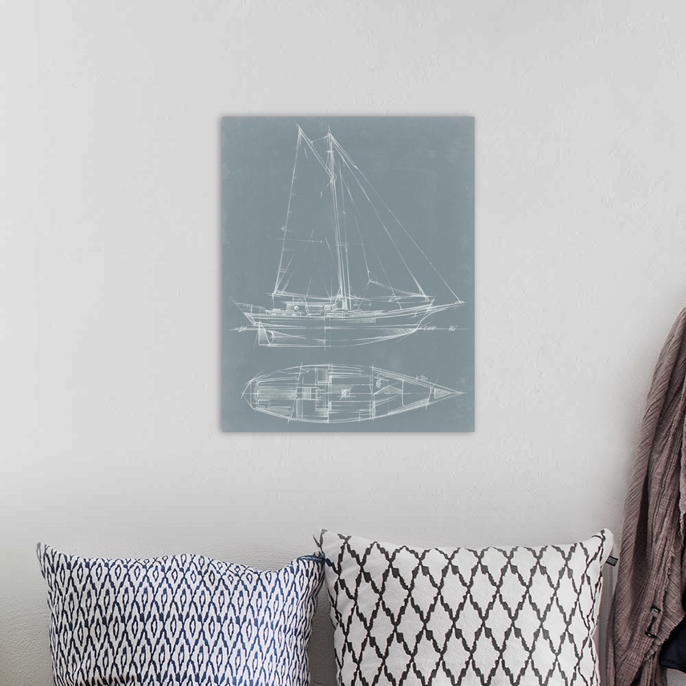 A bohemian room featuring Blueprint-style diagram of a yacht.