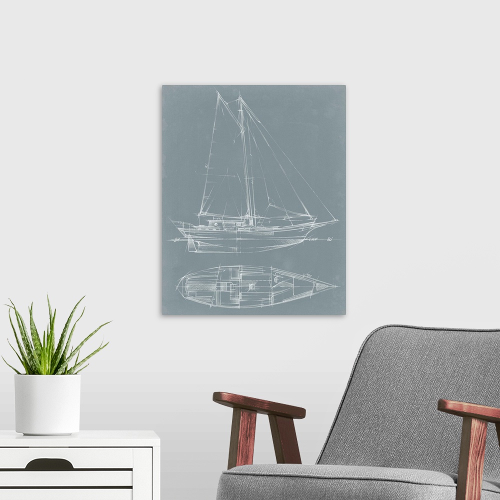 A modern room featuring Blueprint-style diagram of a yacht.