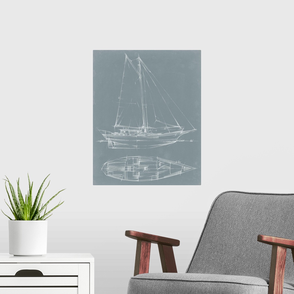 A modern room featuring Blueprint-style diagram of a yacht.