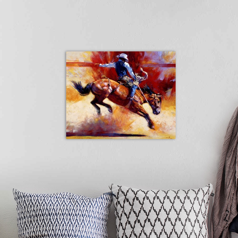 A bohemian room featuring Contemporary painting of a cowboy riding a horse that is in mid action throwing up dust on canvas.