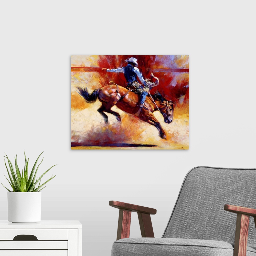 A modern room featuring Contemporary painting of a cowboy riding a horse that is in mid action throwing up dust on canvas.