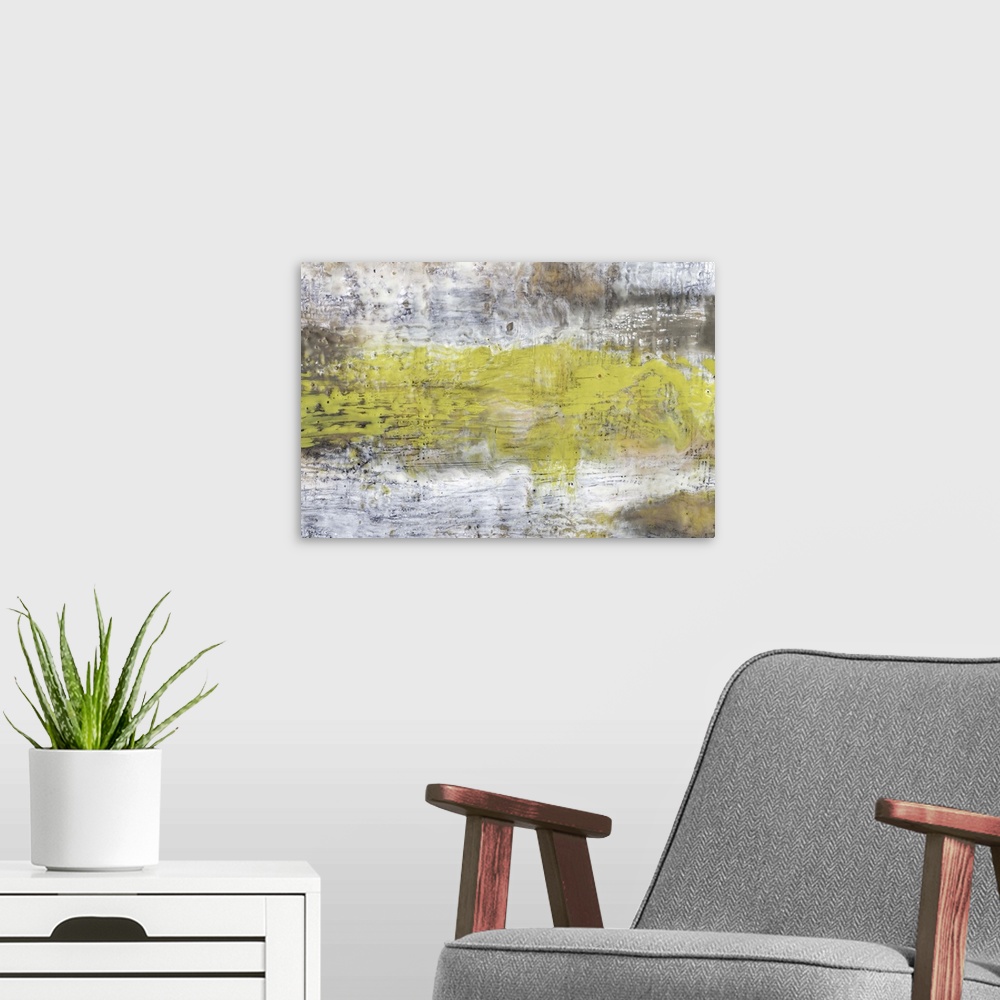 A modern room featuring Contemporary abstract painting pale green mixed with neutral colors in a washed look.
