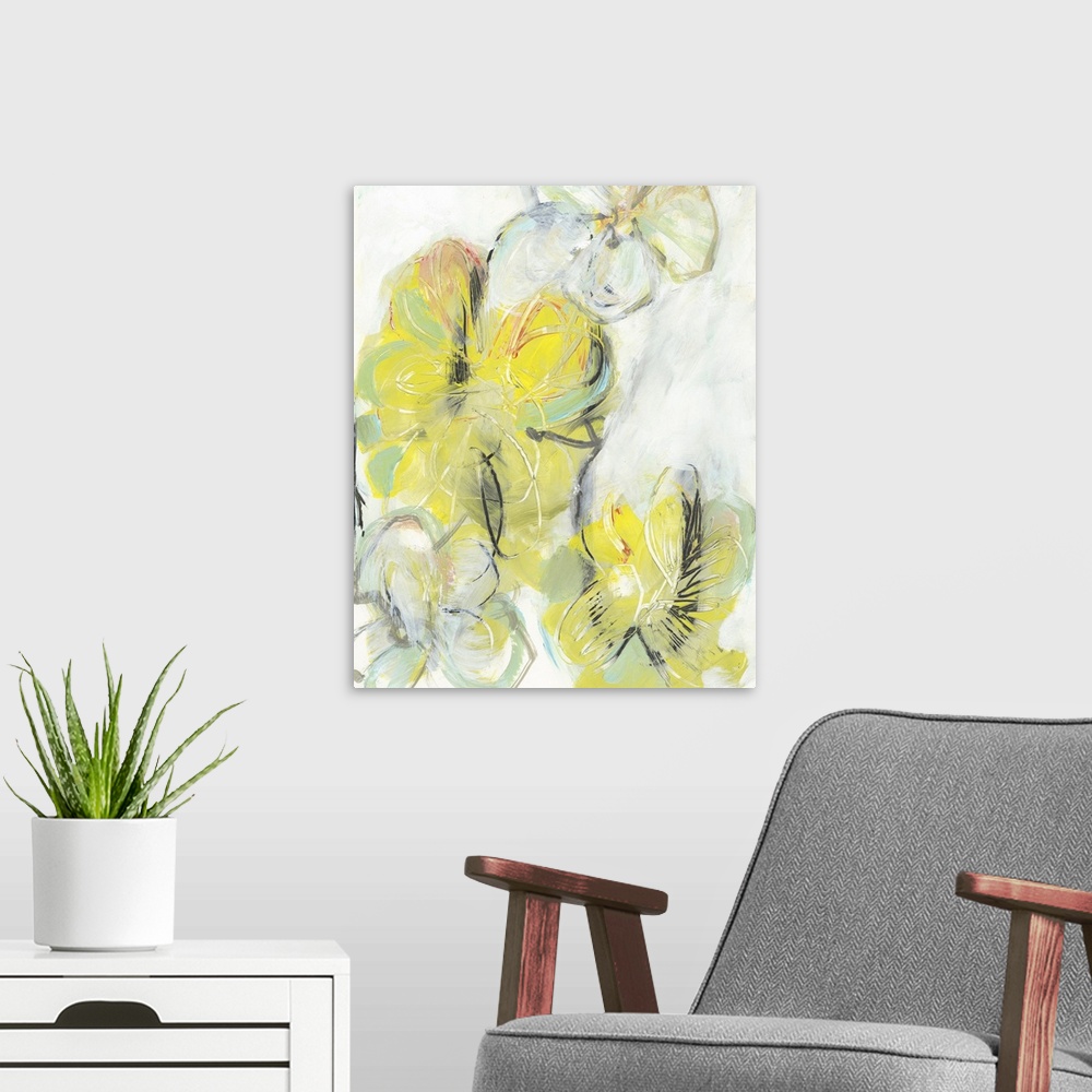A modern room featuring Semi-abstract artwork of yellow and white flowers.