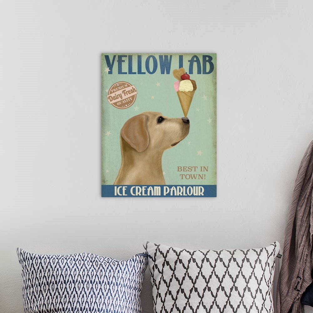 A bohemian room featuring Decorative artwork of a Yellow Lab balancing an ice cream cone on its nose in an advertisement fo...